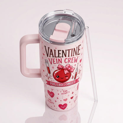 Personalized Valentine Vein Crew Phlebotomist 40oz Tumbler with Handle - Custom Name Gift for Lab Techs