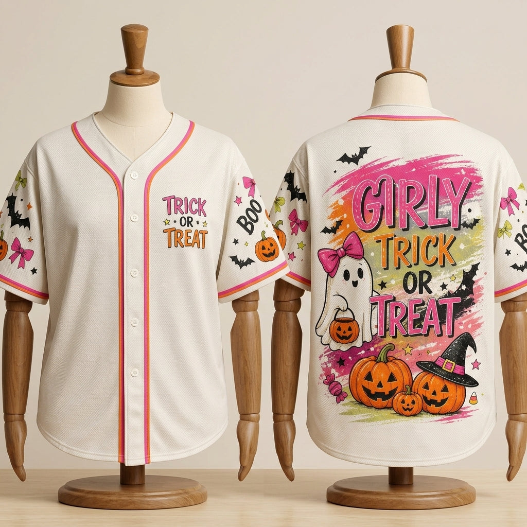 Girly Trick or Treat Halloween Baseball Jersey - Personalized Pink Ghost & Pumpkin Graphic Sport Shirt