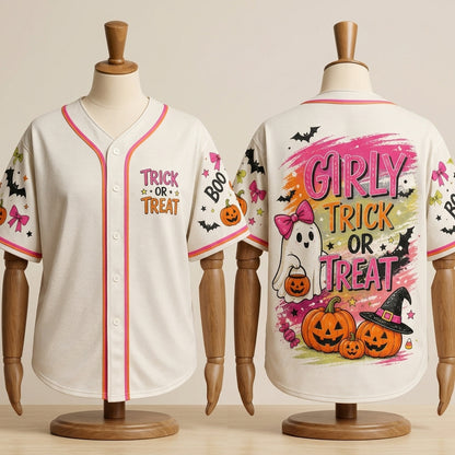 Girly Trick or Treat Halloween Baseball Jersey - Personalized Pink Ghost & Pumpkin Graphic Sport Shirt