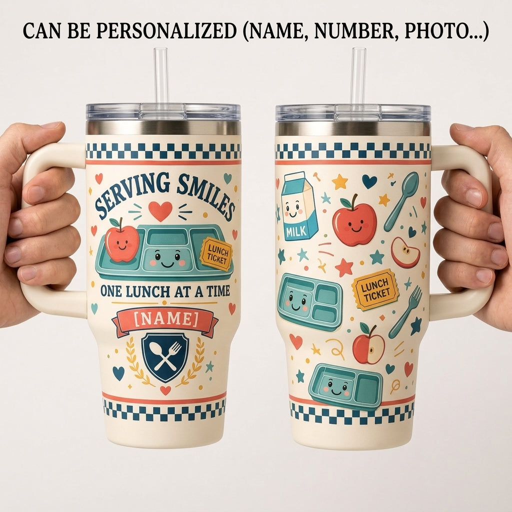 Personalized Serving Smiles One Lunch At A Time 40oz Tumbler with Handle - Custom Lunch Lady Appreciation Gift
