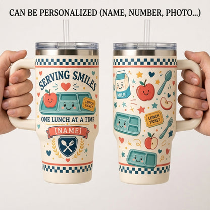 Personalized Serving Smiles One Lunch At A Time 40oz Tumbler with Handle - Custom Lunch Lady Appreciation Gift