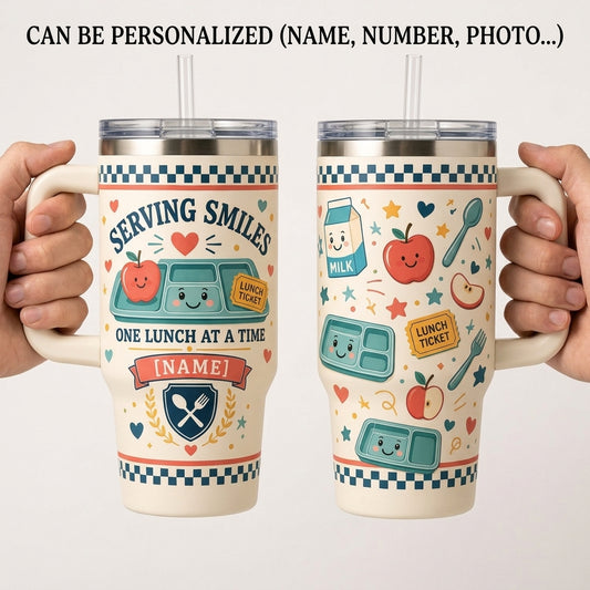 Personalized Serving Smiles One Lunch At A Time 40oz Tumbler with Handle - Custom Lunch Lady Appreciation Gift