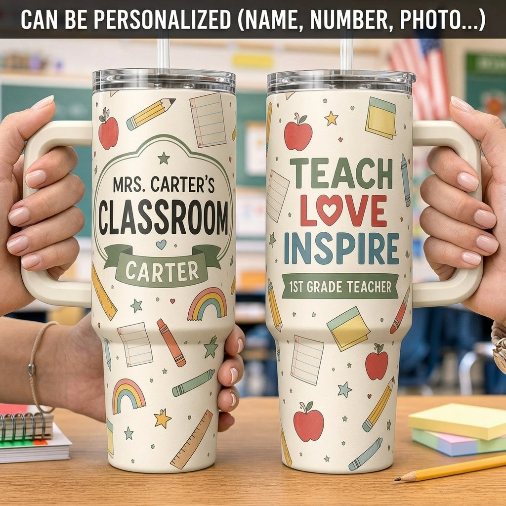 Personalized Teacher 40oz Tumbler with Handle, Custom Name Teach Love Inspire Classroom Gift