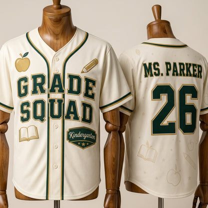 Personalized Teacher Grade Squad Baseball Jersey - Custom Name and Number School Staff Shirt - Kindergarten