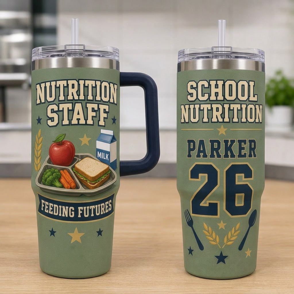 Personalized School Nutrition Staff 40oz Tumbler with Handle - Custom Name & Year Feeding Futures Gift