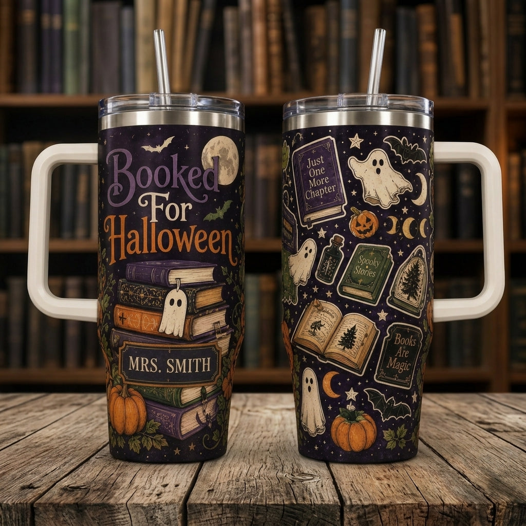 Personalized Booked For Halloween 40oz Tumbler with Handle, Custom Name Book Lover Gift for Teachers