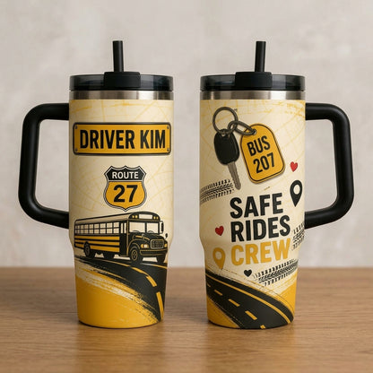 Personalized School Bus Driver 40oz Tumbler with Handle - Custom Name & Route Safe Rides Crew Gift