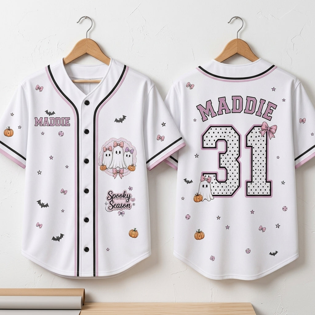 Personalized Spooky Season Ghost Baseball Jersey - Custom Name and Number Coquette Pink Halloween Jersey