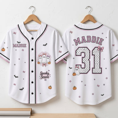 Personalized Spooky Season Ghost Baseball Jersey - Custom Name and Number Coquette Pink Halloween Jersey