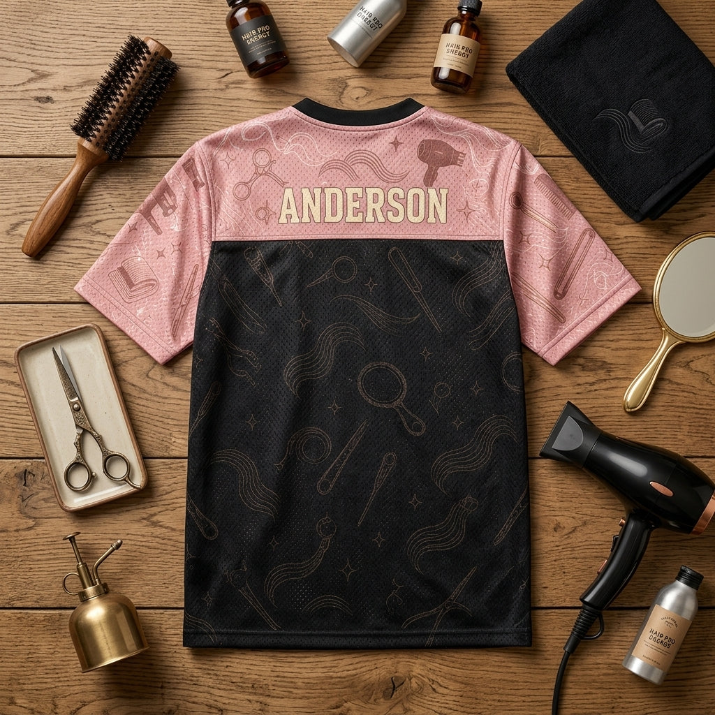 Personalized Hairstylist Football Jersey - Custom Name Salon Team Apparel - Chairside Magic Pink & Black Mesh - football jersey product view 5