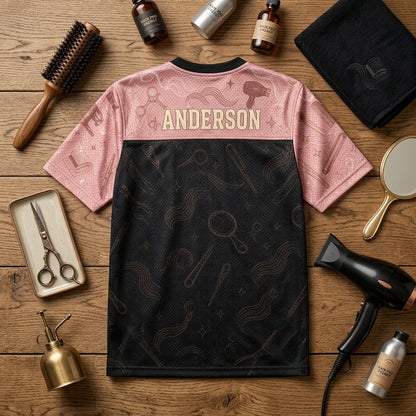 Personalized Hairstylist Football Jersey - Custom Name Salon Team Apparel - Chairside Magic Pink & Black Mesh - football jersey product view 5