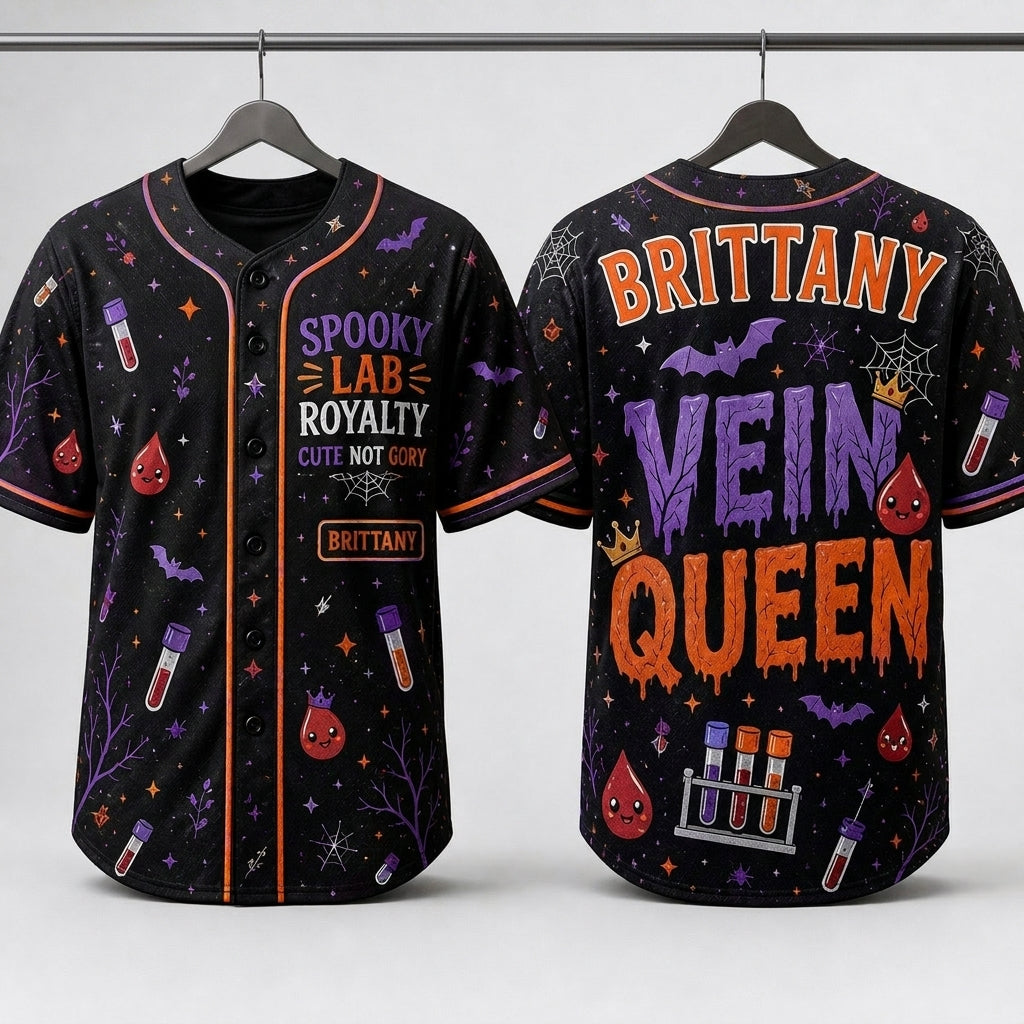 Personalized Vein Queen Baseball Jersey - Spooky Lab Royalty Phlebotomist Halloween Costume