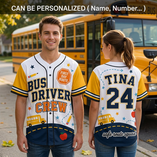 Personalized School Bus Driver Crew Baseball Jersey - Custom Name and Number Gift for Bus Drivers