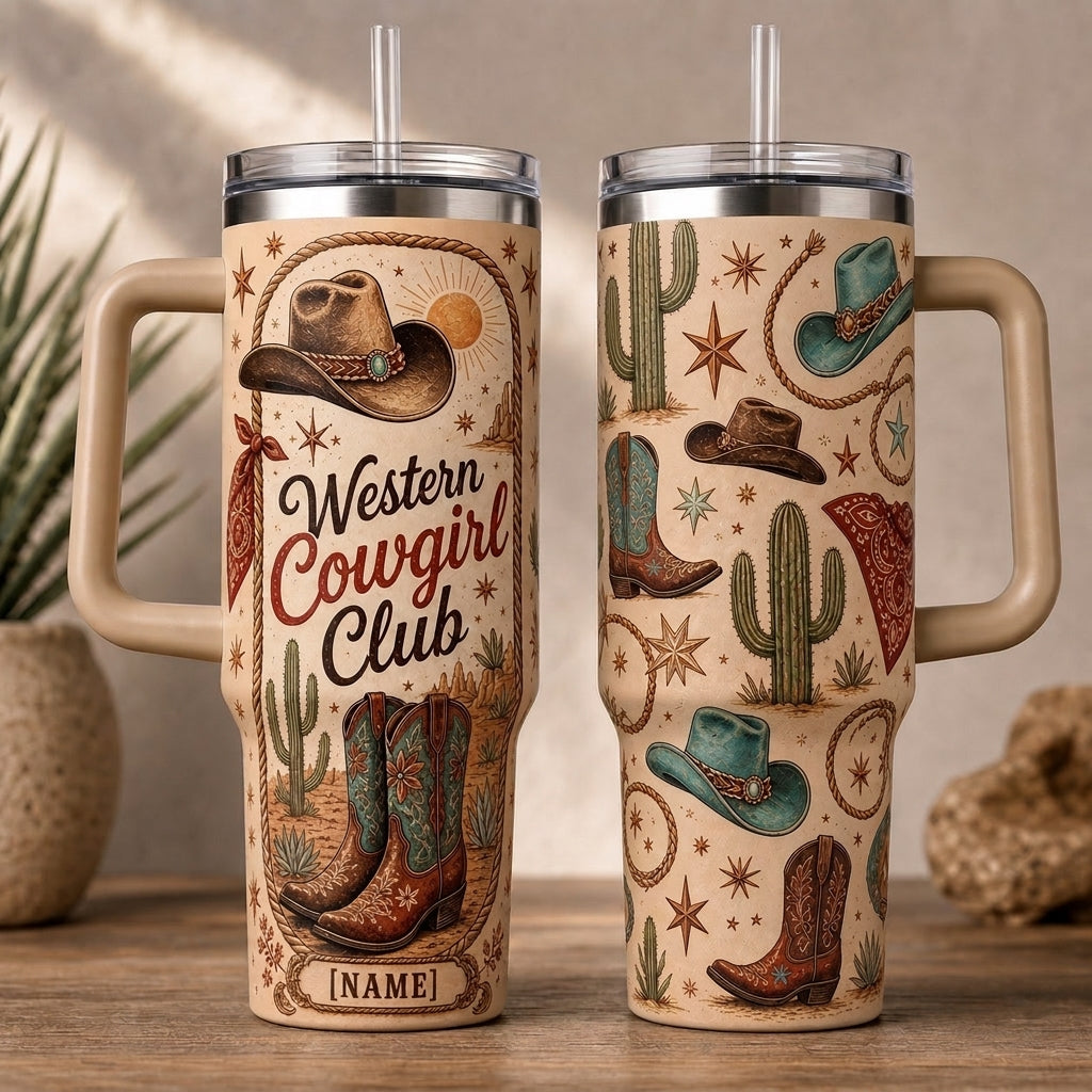 Personalized Western Cowgirl Club 40oz Tumbler with Handle - Custom Name Desert Boots & Hat Gift