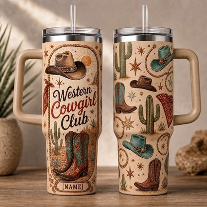 Personalized Western Cowgirl Club 40oz Tumbler with Handle - Custom Name Desert Boots & Hat Gift