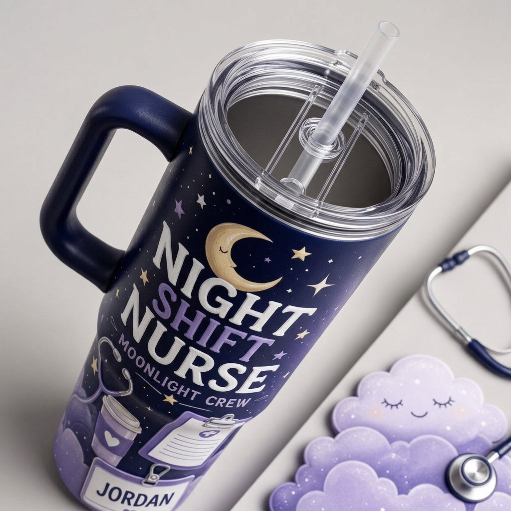Personalized Night Shift Nurse 40oz Tumbler with Handle - Custom Name Moonlight Crew Nursing Gift