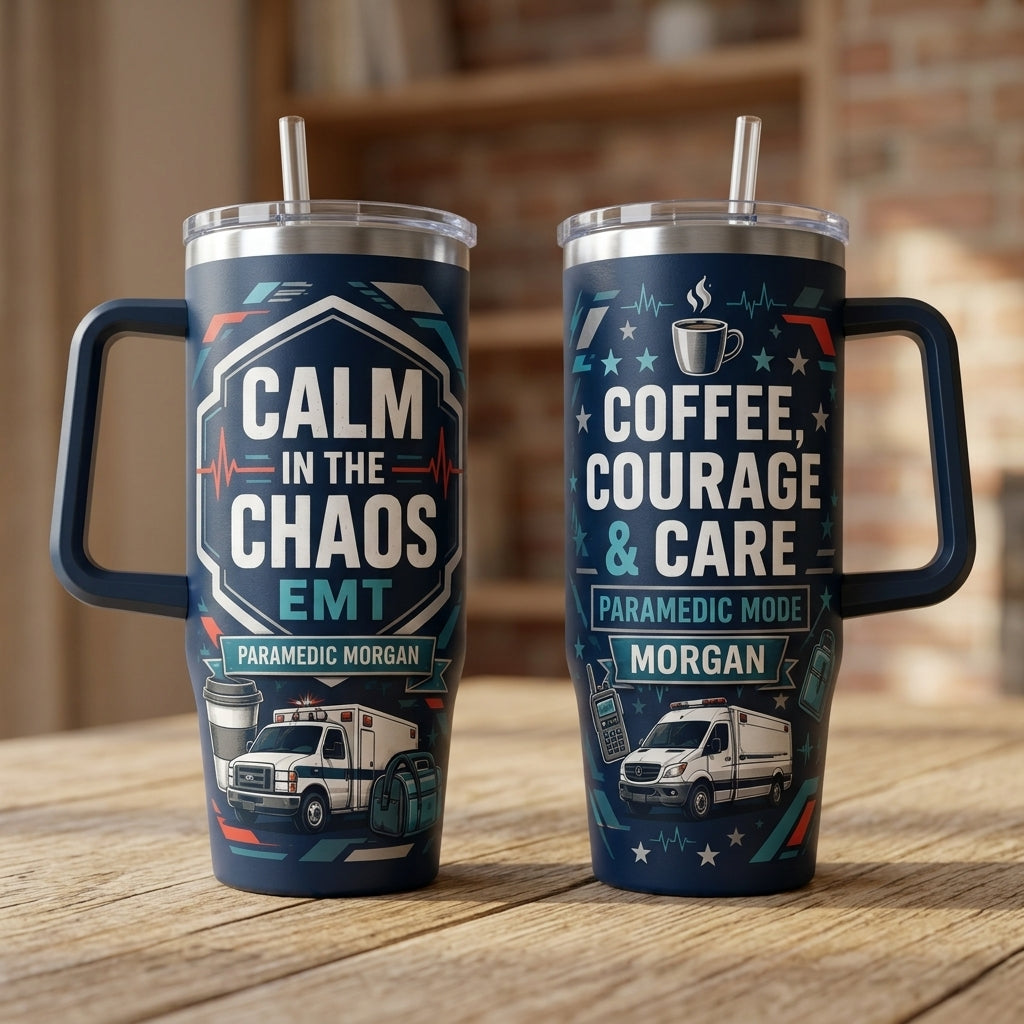 Personalized Paramedic 40oz Tumbler with Handle - Custom Name EMT Gift, Calm in the Chaos First Responder Cup