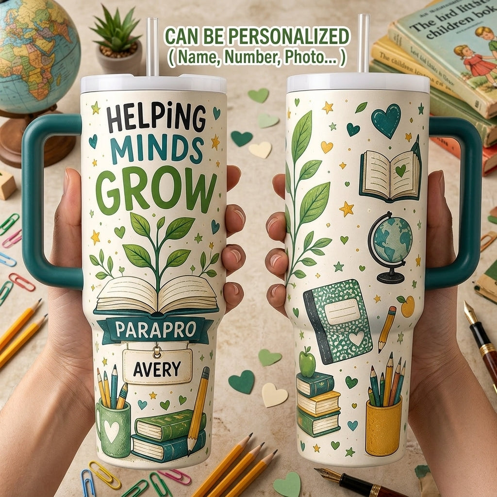 Personalized Parapro Teacher Gift 40oz Tumbler with Handle - Helping Minds Grow Custom Name Education Assistant Cup
