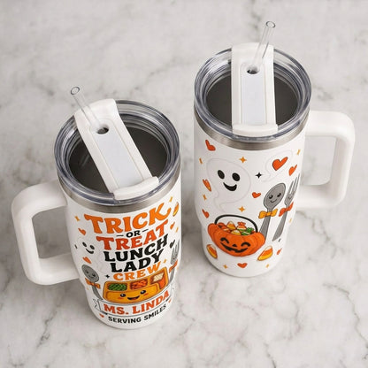 Personalized Trick or Treat Lunch Lady Crew 40oz Tumbler with Handle, Custom School Cafeteria Halloween Gift