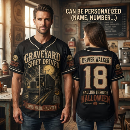 Personalized Graveyard Shift Driver Halloween Baseball Jersey - Custom Name & Number Trucker Gift