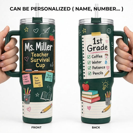 Personalized Teacher Survival Cup 40oz Tumbler with Handle - Custom Name Chalkboard School Gift
