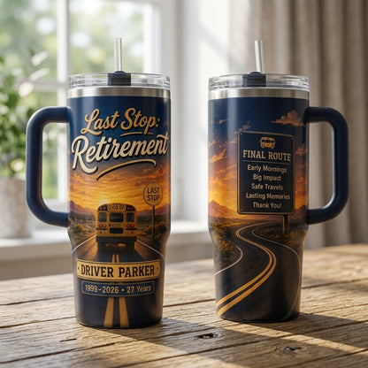 Personalized School Bus Driver Retirement 40oz Tumbler with Handle - Custom Name & Years Final Route Gift