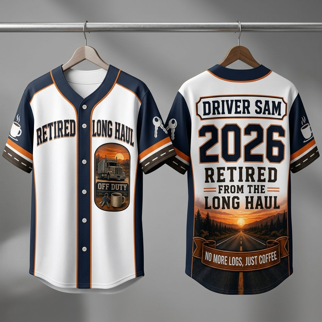 Personalized Retired Long Haul Trucker Baseball Jersey - Custom Name & Year Truck Driver Retirement Gift