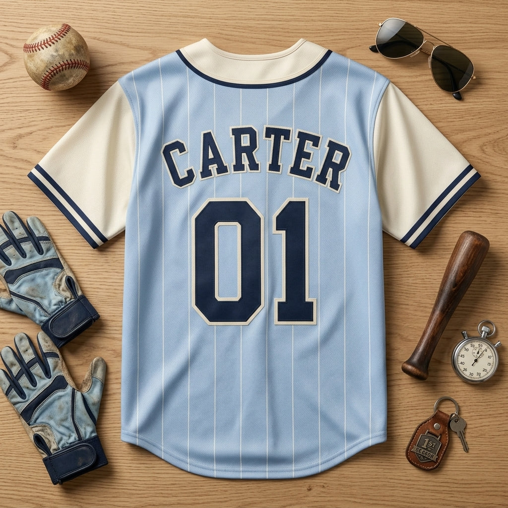 Personalized Rookie First Season Baseball Jersey - Custom Name & Number Light Blue Pinstripe Kids Shirt