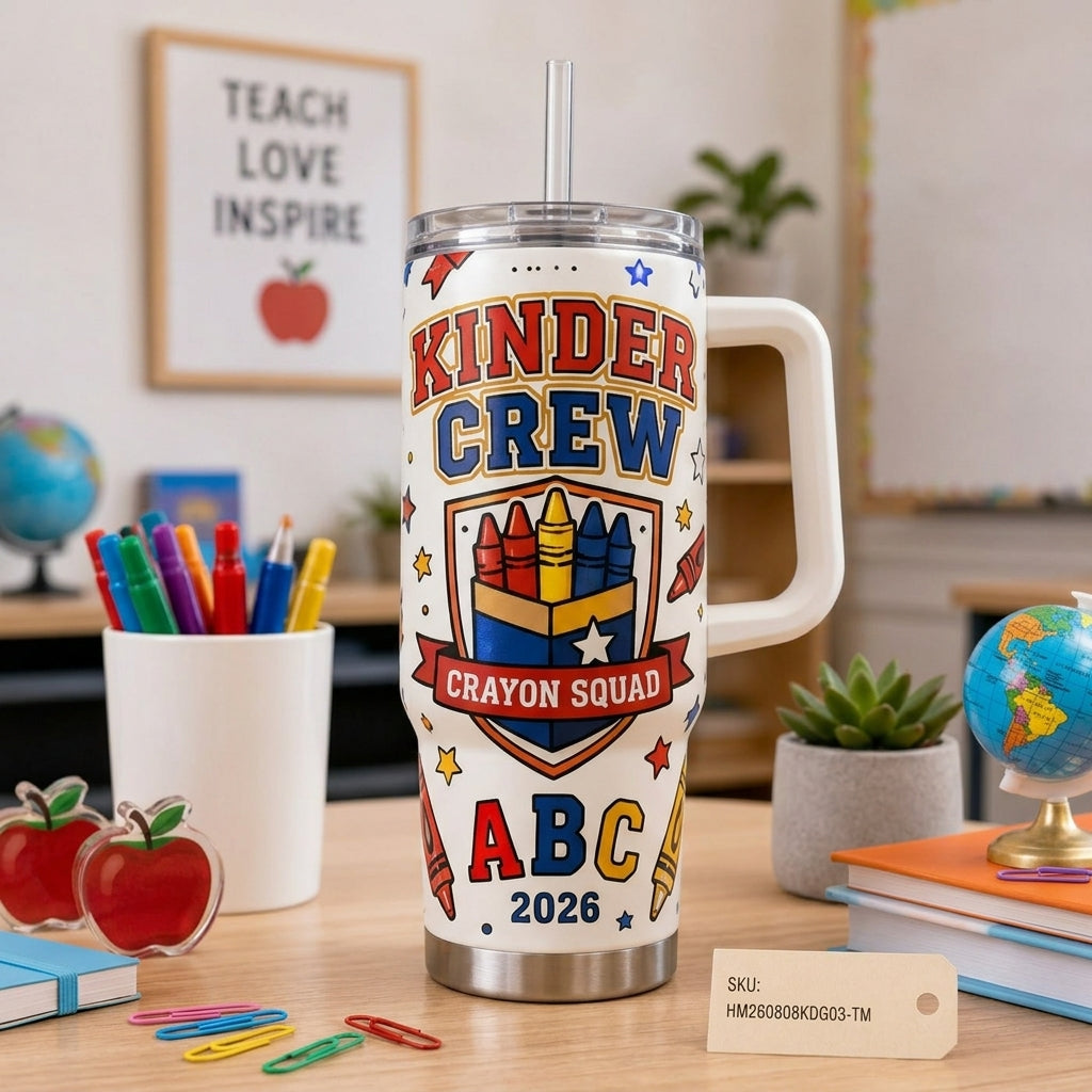 Personalized Kinder Crew Crayon Squad 40oz Tumbler with Handle - Custom Kindergarten Teacher Gift