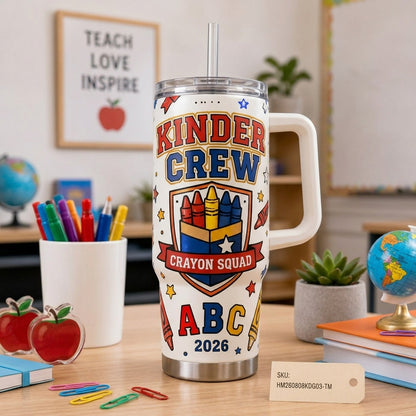 Personalized Kinder Crew Crayon Squad 40oz Tumbler with Handle - Custom Kindergarten Teacher Gift