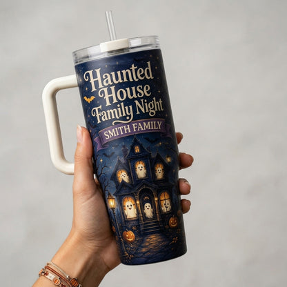 Personalized Haunted House Family Night 40oz Tumbler with Handle - Custom Name Halloween Gift