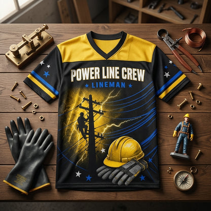 Personalized Lineman Power Line Crew Football Jersey - Custom Name Electrical Worker Mesh Apparel