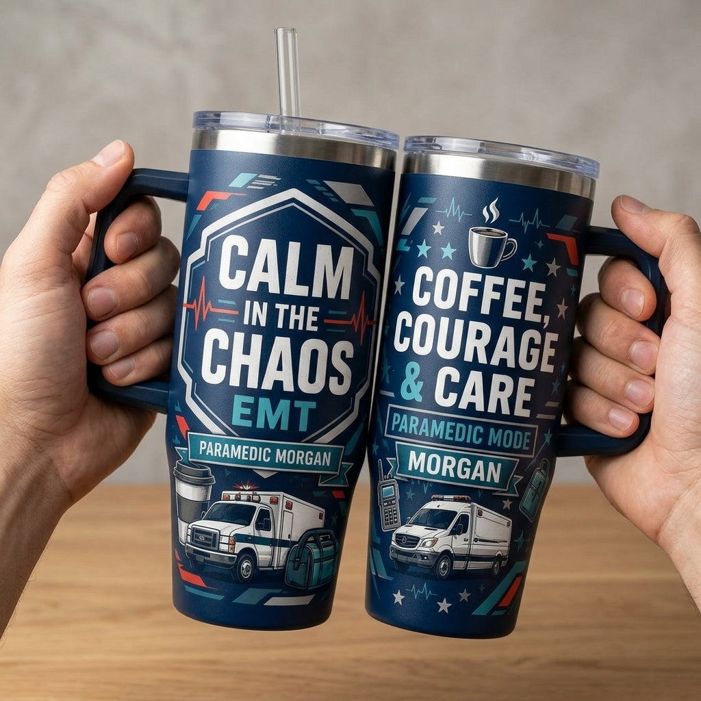 Personalized Paramedic 40oz Tumbler with Handle - Custom Name EMT Gift, Calm in the Chaos First Responder Cup
