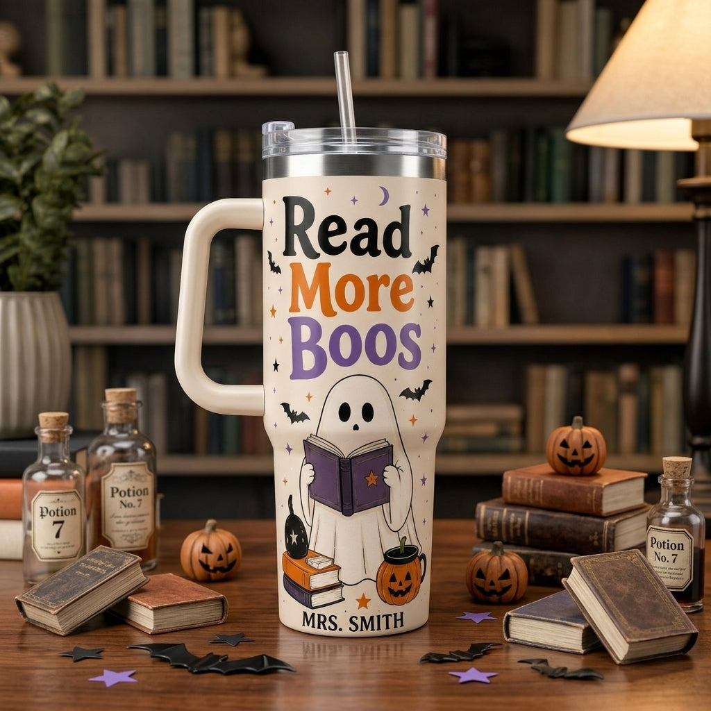Personalized Read More Boos 40oz Tumbler with Handle, Custom Name Ghost Book Lover Gift, Insulated Halloween Mug