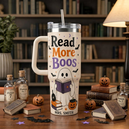 Personalized Read More Boos 40oz Tumbler with Handle, Custom Name Ghost Book Lover Gift, Insulated Halloween Mug