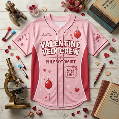 Personalized Phlebotomist Valentine Vein Crew Baseball Jersey - Custom Name Lab Hearts Nursing Shirt