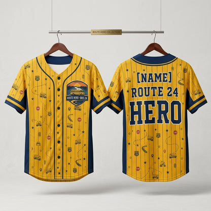 Personalized School Bus Driver Baseball Jersey - Custom Name Route Hero Yellow & Navy Athletic Shirt