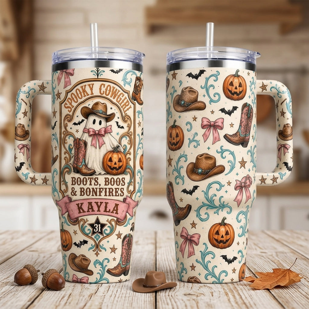 Personalized Spooky Cowgirl 40oz Tumbler with Handle, Custom Name Boots Boos & Bonfires Halloween Travel Mug