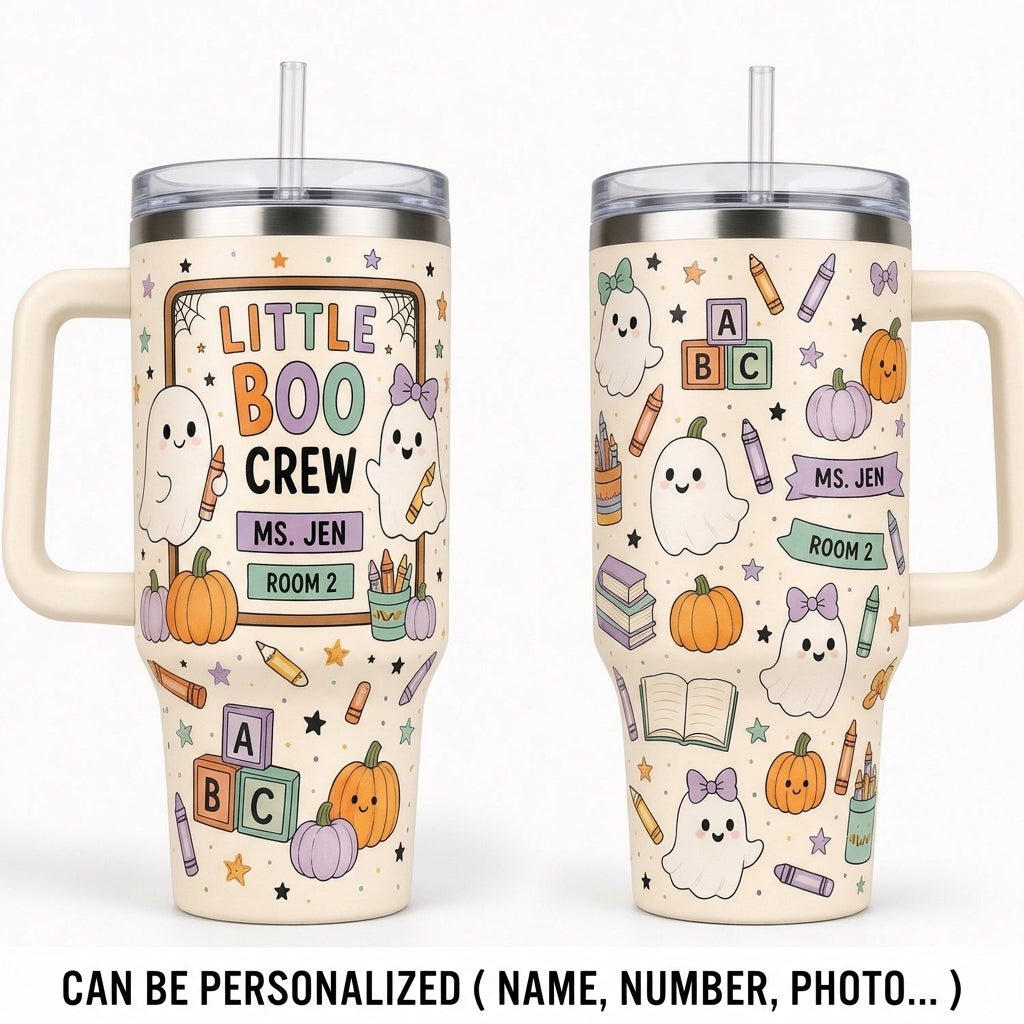 Personalized Little Boo Crew Teacher Halloween 40oz Tumbler with Handle - Custom Name & Room