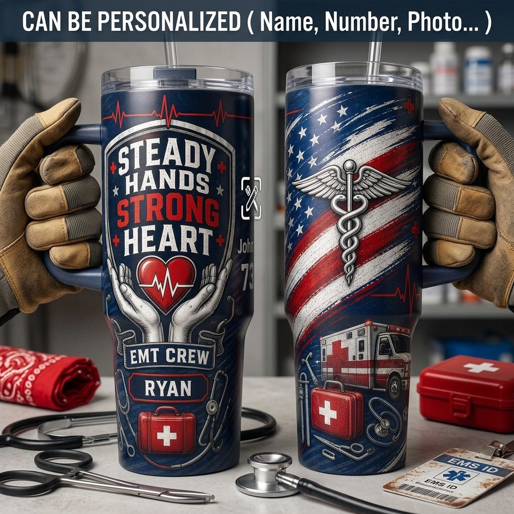 Personalized EMT Crew 40oz Tumbler with Handle - Steady Hands Strong Heart Custom Name Gift for Paramedics