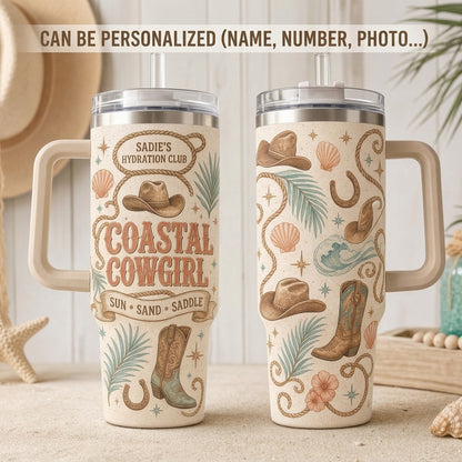 Personalized Coastal Cowgirl 40oz Tumbler with Handle - Custom Western Beach Travel Mug Gift