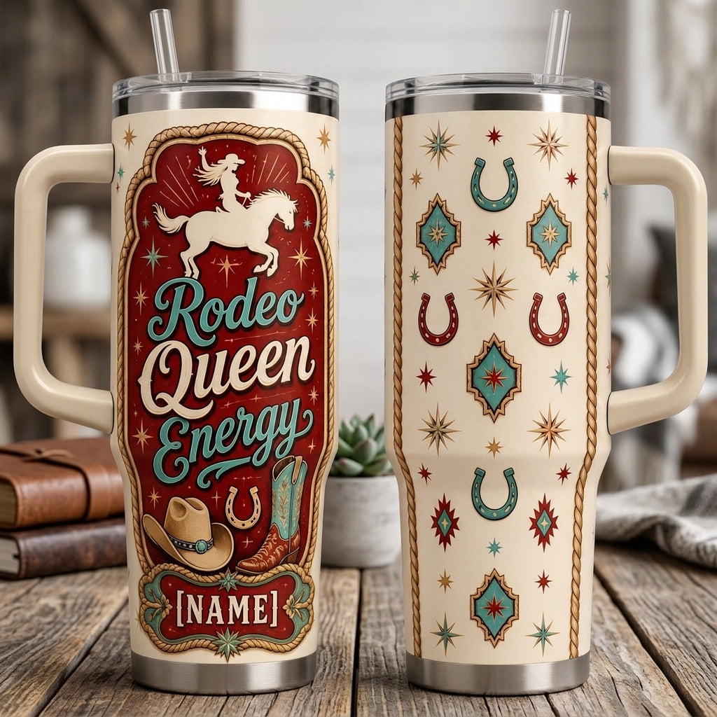 Personalized Rodeo Queen Energy 40oz Tumbler with Handle, Custom Name Western Cowgirl Gift