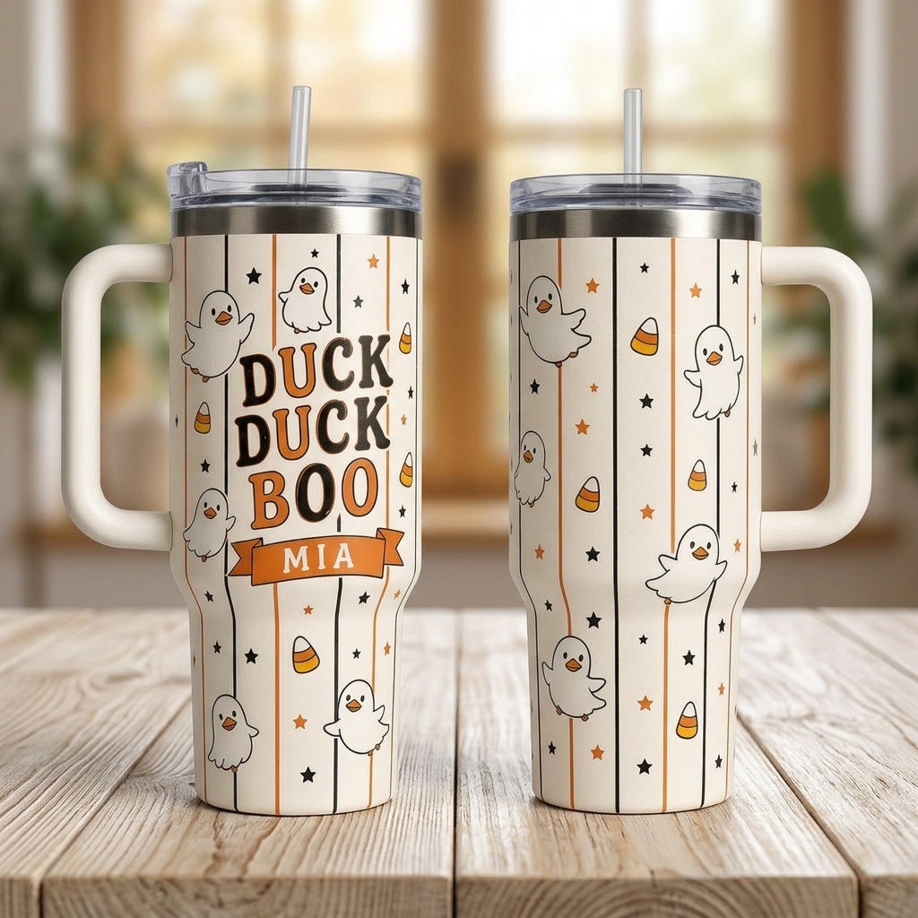 Personalized Duck Duck Boo Halloween 40oz Tumbler with Handle - Custom Name Ghost Duck Gift
