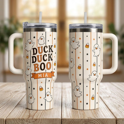 Personalized Duck Duck Boo Halloween 40oz Tumbler with Handle - Custom Name Ghost Duck Gift