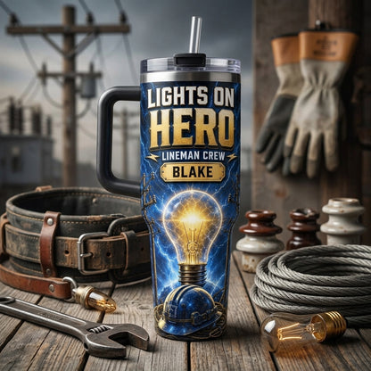 Personalized Lineman Hero 40oz Tumbler with Handle - Custom Name Gift for Electrician & Utility Crew