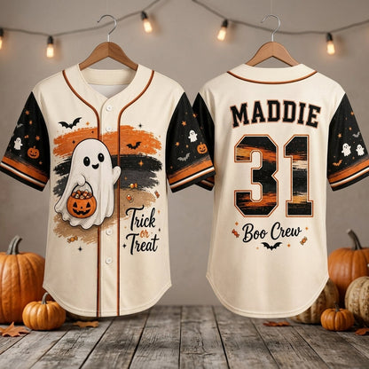 Personalized Halloween Boo Crew Baseball Jersey - Custom Name and Number Ghost Trick or Treat Sports Shirt