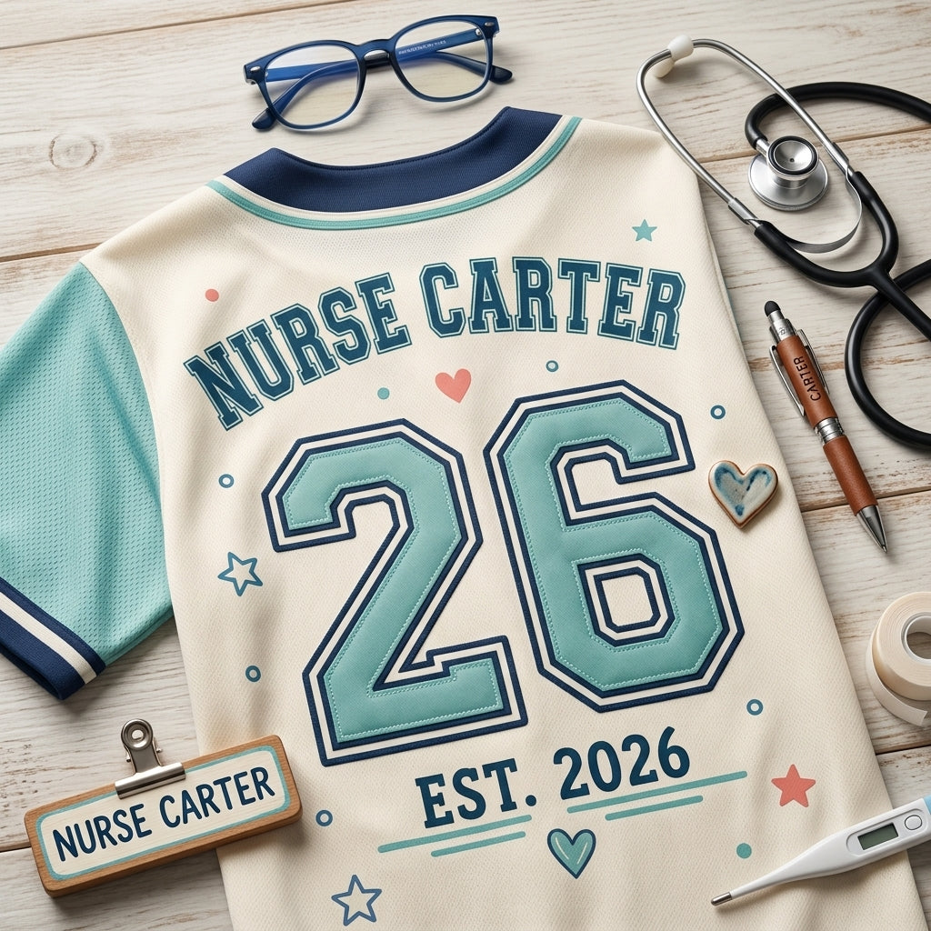 Personalized School Nurse Baseball Jersey - Custom Name & Number - Tiny Patients Big Hearts Pediatric Gift