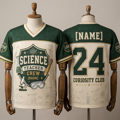 Personalized Science Teacher Crew Football Jersey - Custom Name and Room Number STEM Lab Gift