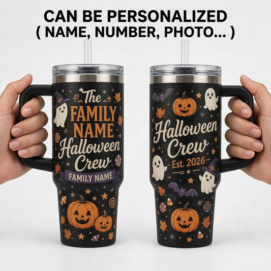 Personalized Halloween Crew 40oz Tumbler with Handle - Custom Family Name Ghost & Pumpkin Insulated Mug