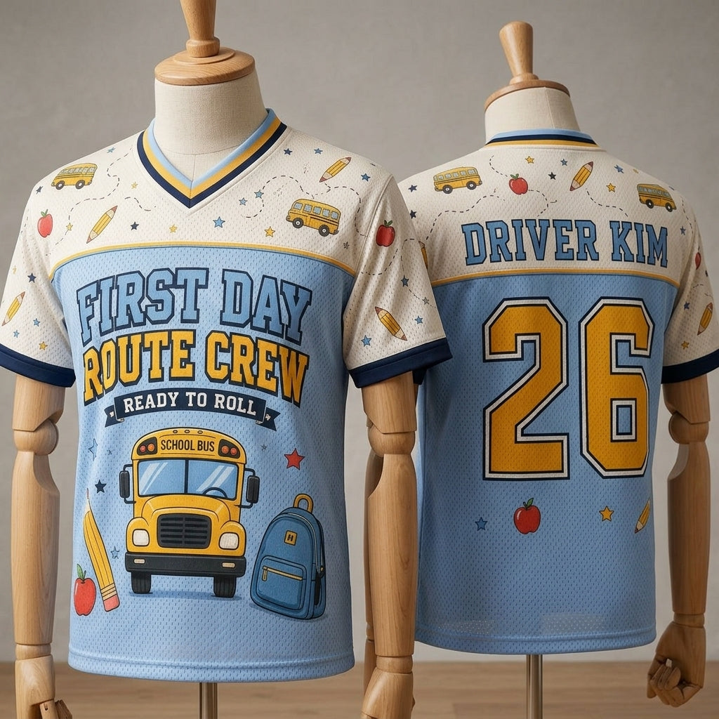 Personalized School Bus Driver Football Jersey - Custom Name & Number First Day Route Crew Mesh Shirt